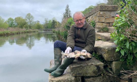 Sir Geoffrey Clifton-Brown holding two of seven dead trout found in the river Coln