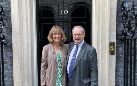 Sir Geoffrey Clifton-Brown MP with Cotswolds sheep farmer Tanya Robbins at 10 Downing Street